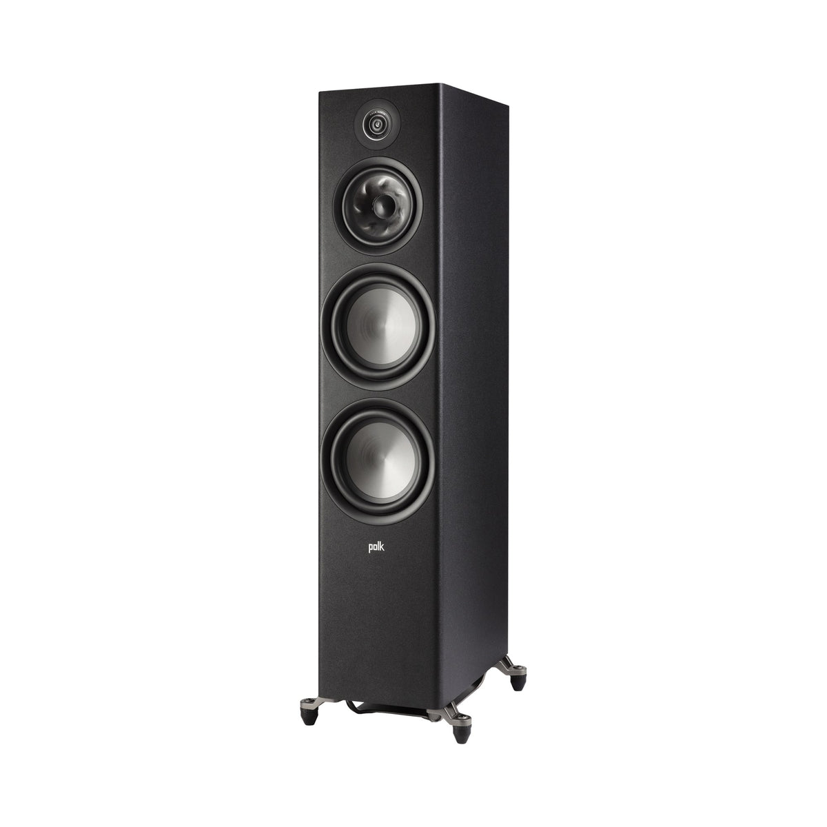 Polk Audio Reserve R700 black floorstanding speaker, left angle without grilles