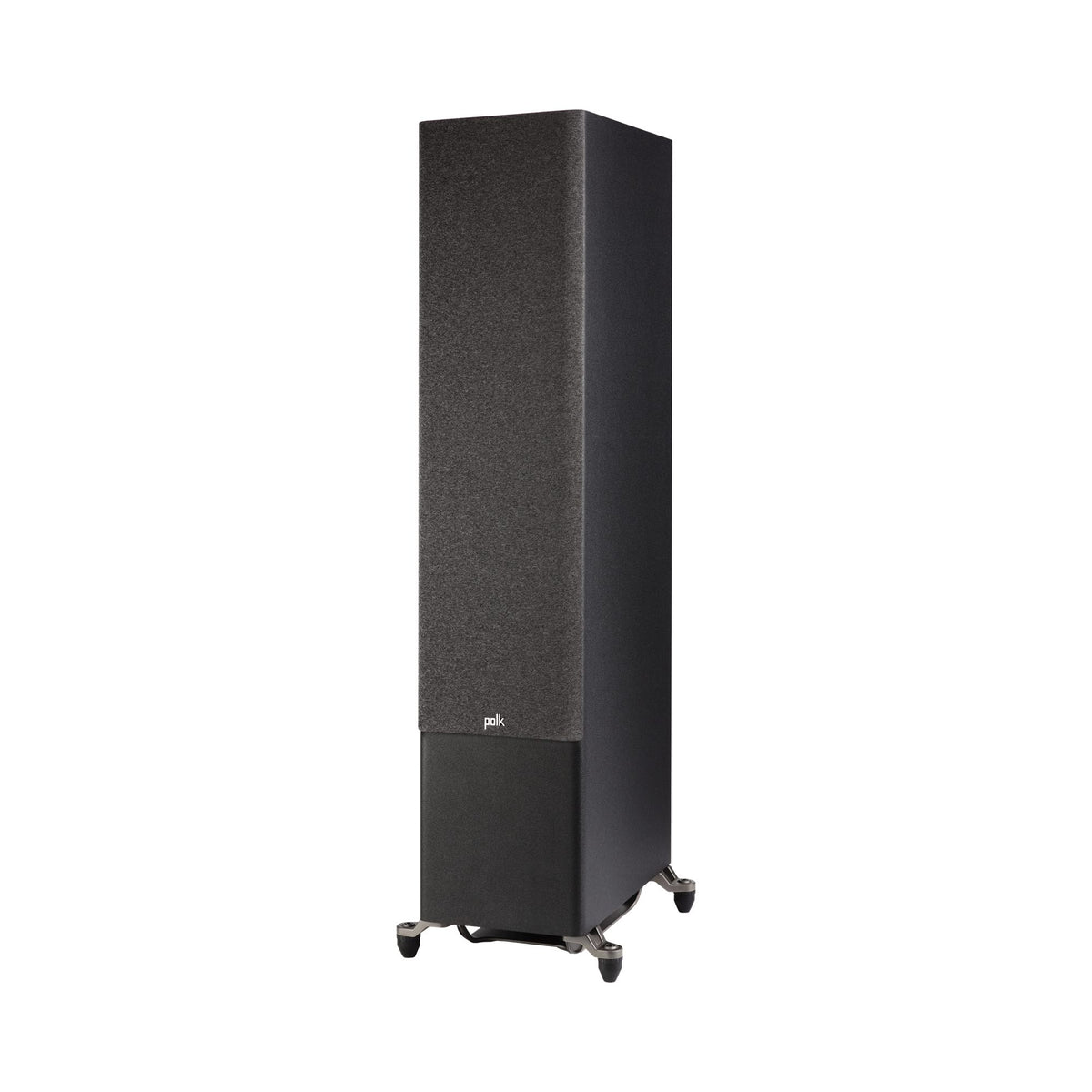 Polk Audio Reserve R700 black floorstanding speaker, left angle with grilles