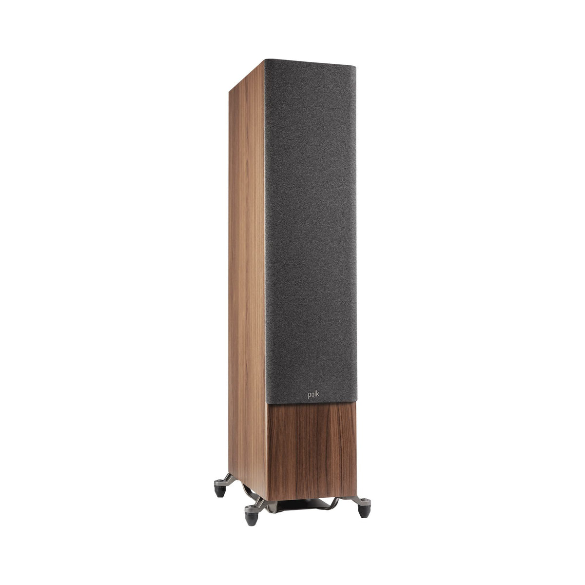 Polk Audio Reserve R700 walnut floorstanding speaker, angled view with grilles