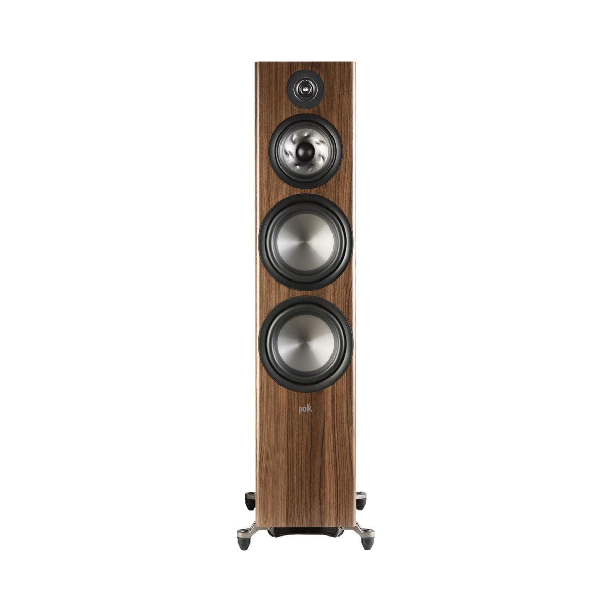 Polk Audio Reserve R700 walnut floorstanding speaker, front view without grilles