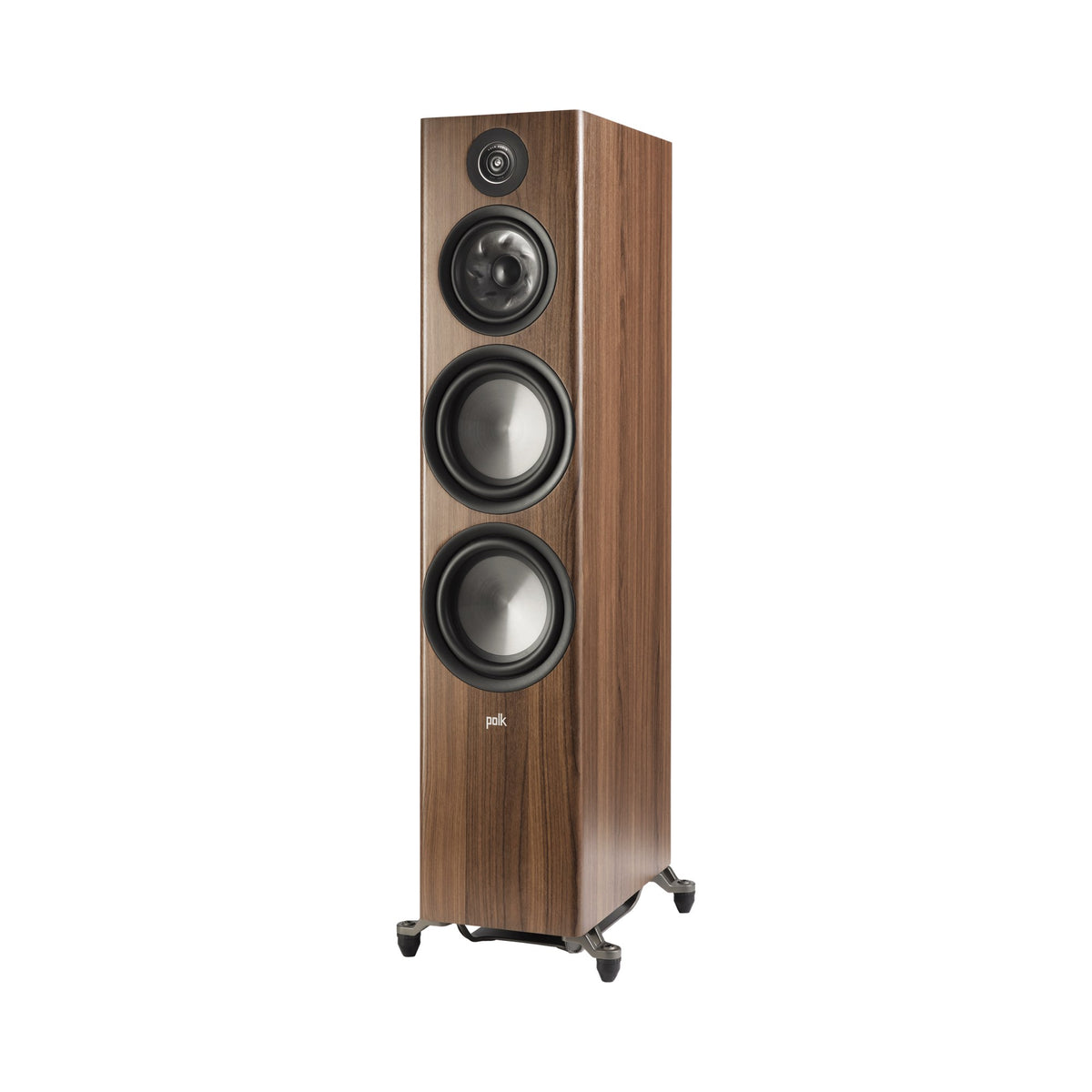 Polk Audio Reserve R700 walnut floorstanding speaker, left angle without grilles