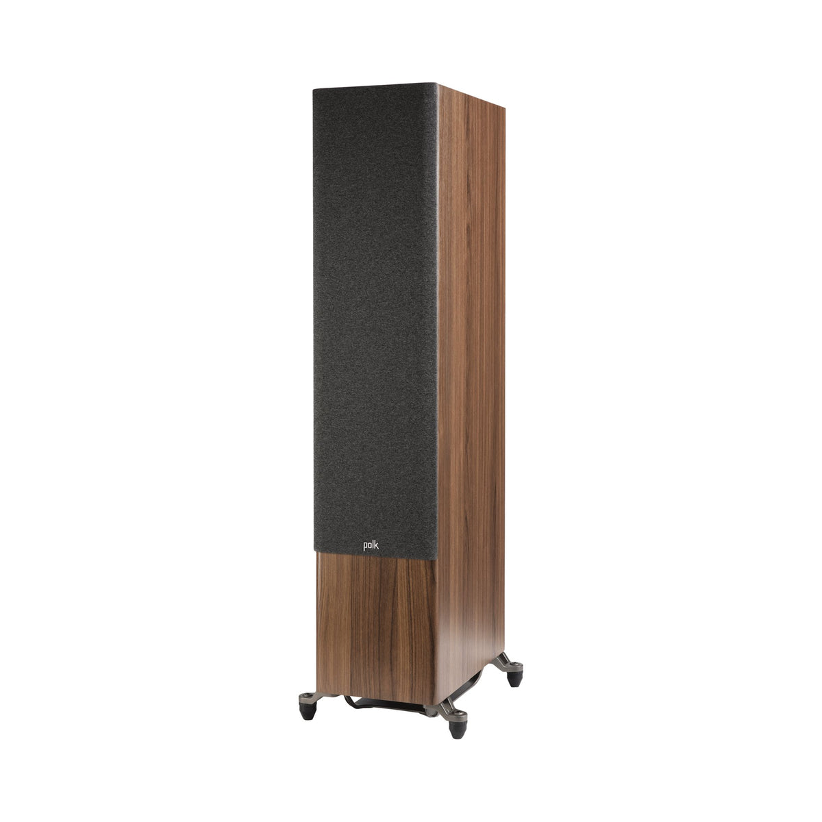 Polk Audio Reserve R700 walnut floorstanding speaker, left angle with grilles