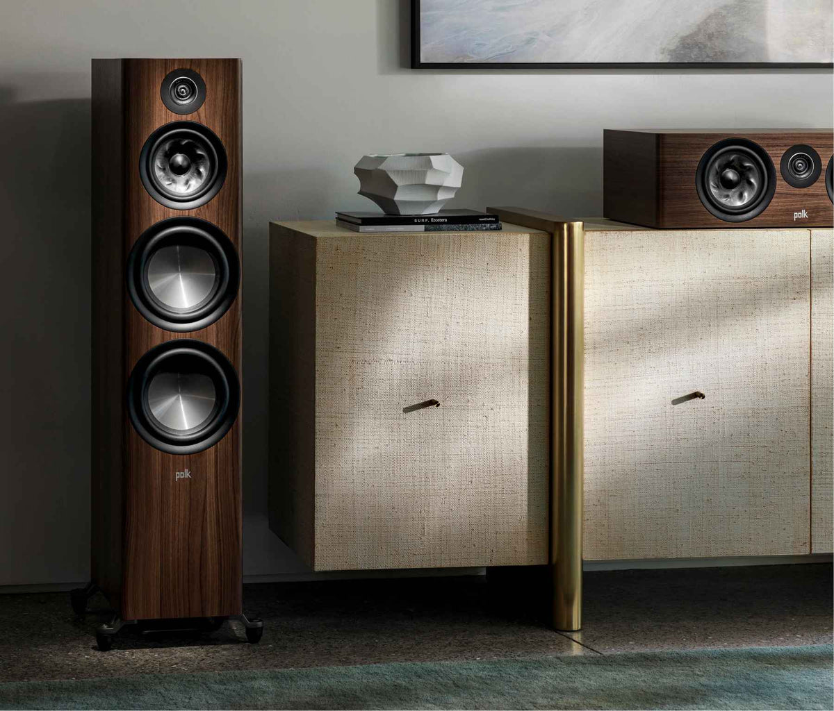 Polk Audio Reserve R700 walnut floorstanding speaker, in a room