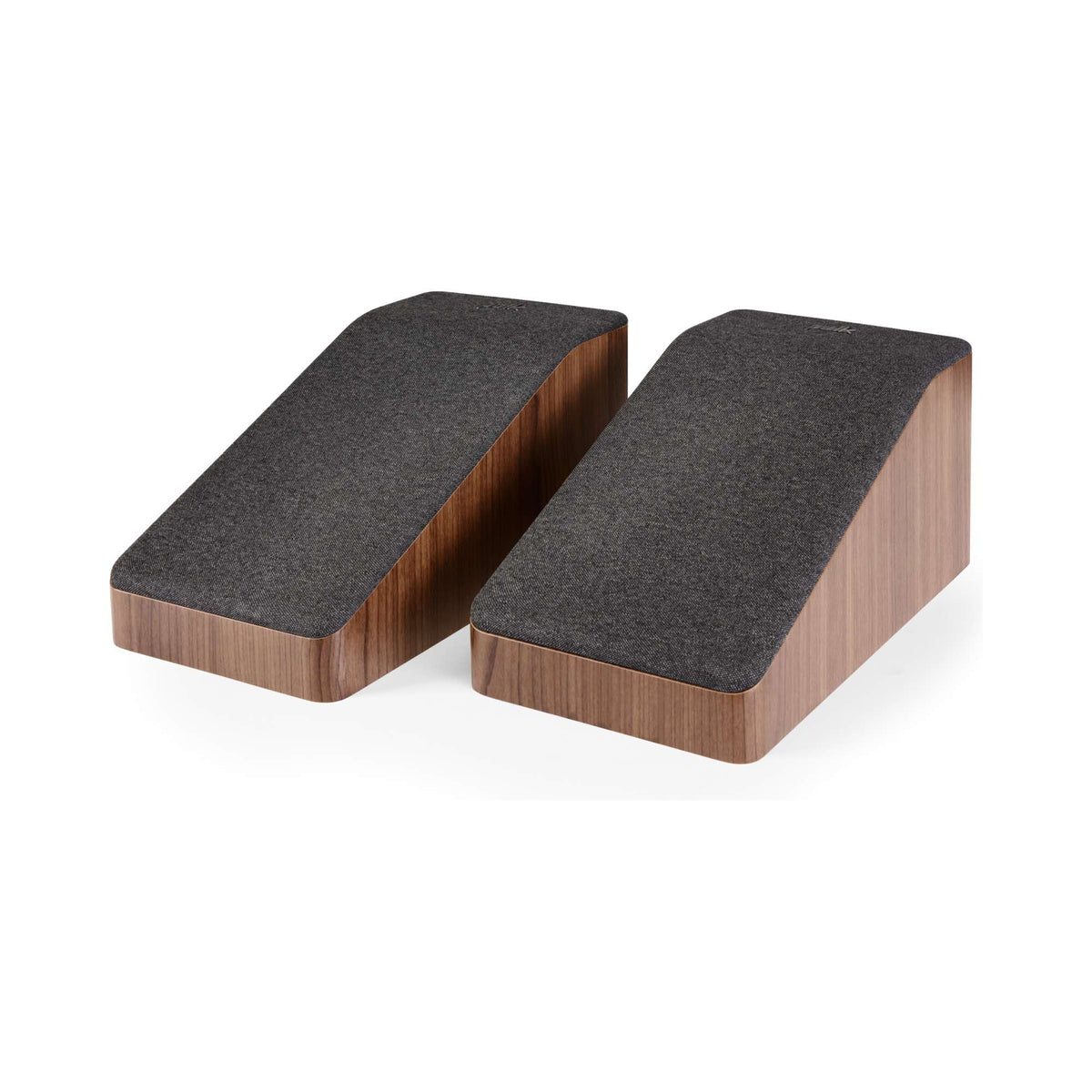 Polk Audio Reserve R900 walnut height speaker, pair at an angle with grilles