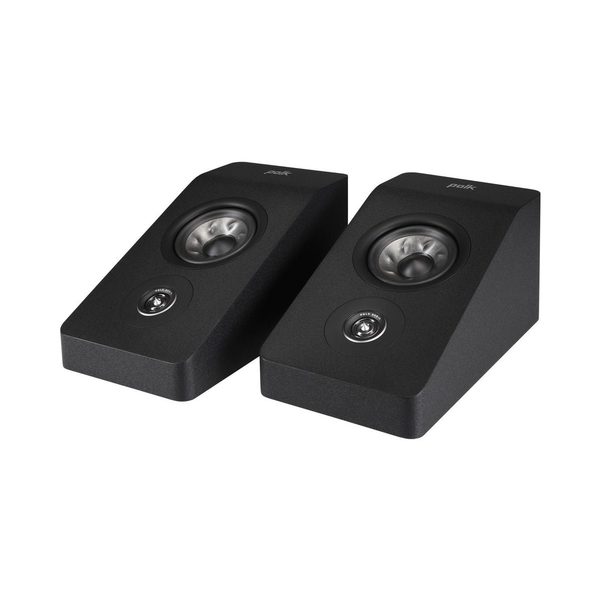 Polk Audio Reserve R900 black height speaker, pair at an angle without grilles
