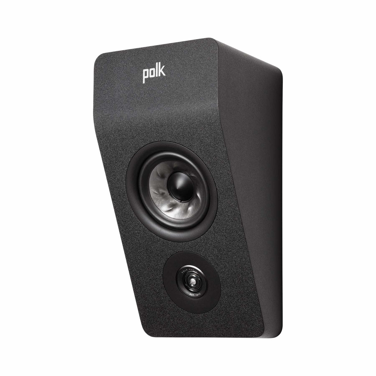 Polk Audio Reserve R900 black height speaker, left angle without grilles