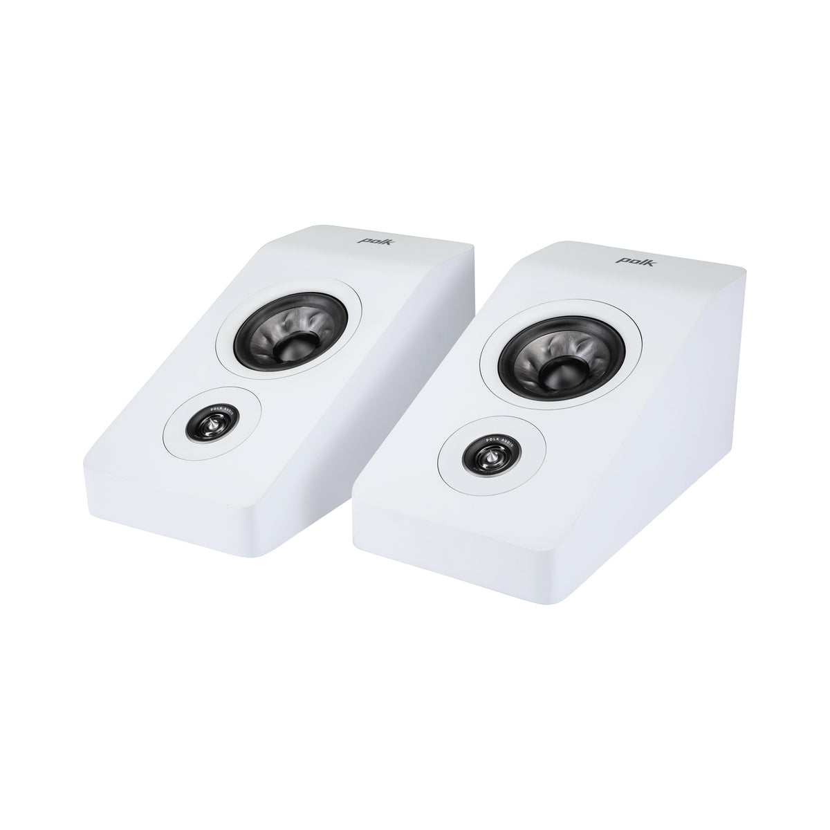 Polk Audio Reserve R900 white height speaker, pair at an angle without grilles