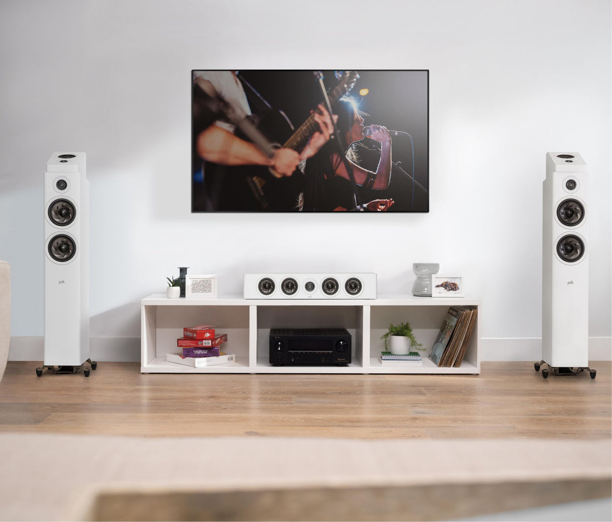 Polk Audio Reserve R900 white height speaker, in a room