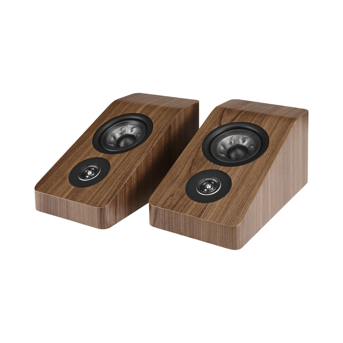 Polk Audio Reserve R900 walnut height speaker, pair at an angle without grilles