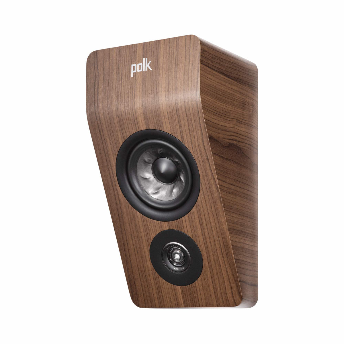 Polk Audio Reserve R900 walnut height speaker, left angle without grilles
