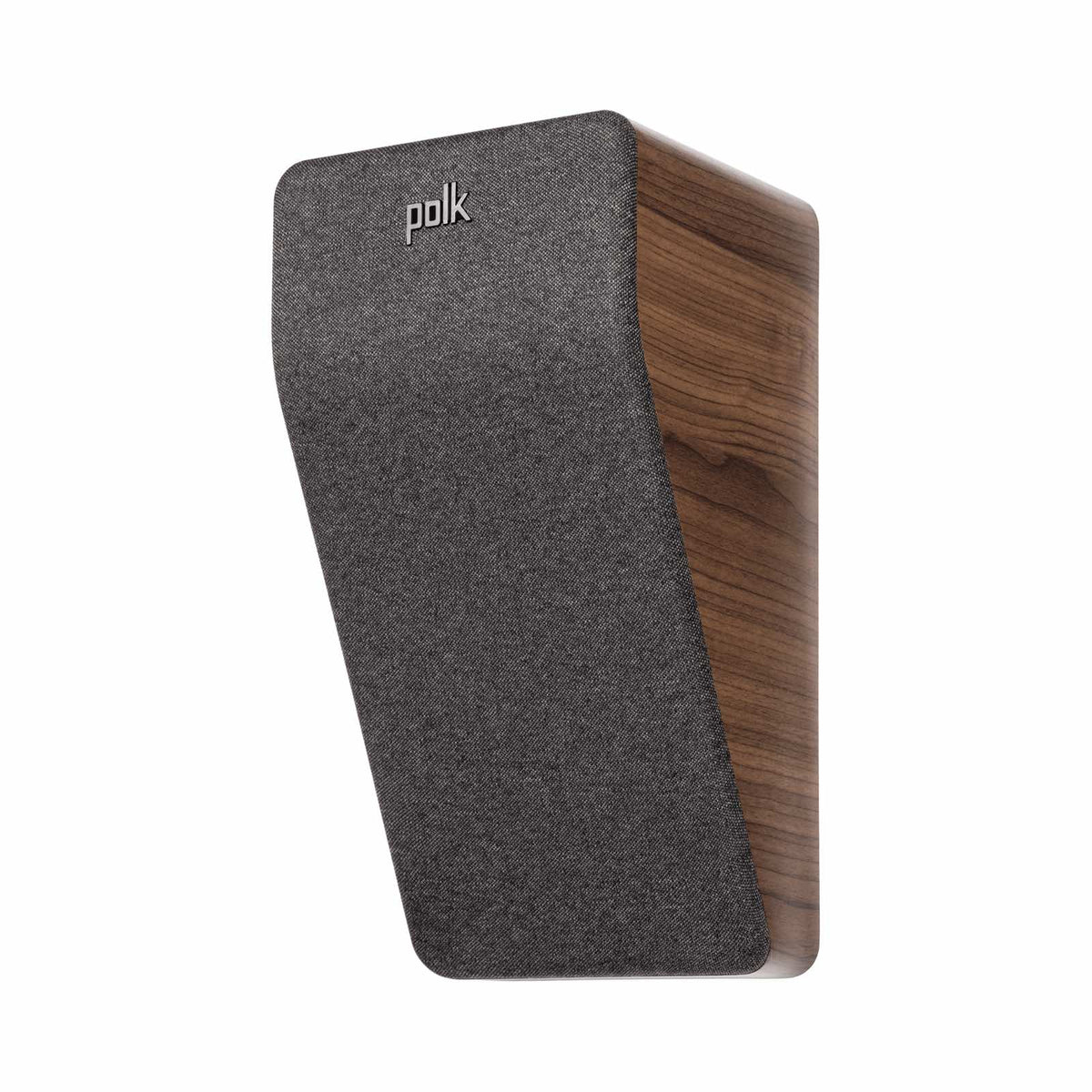 Polk Audio Reserve R900 walnut height speaker, left angle with grilles