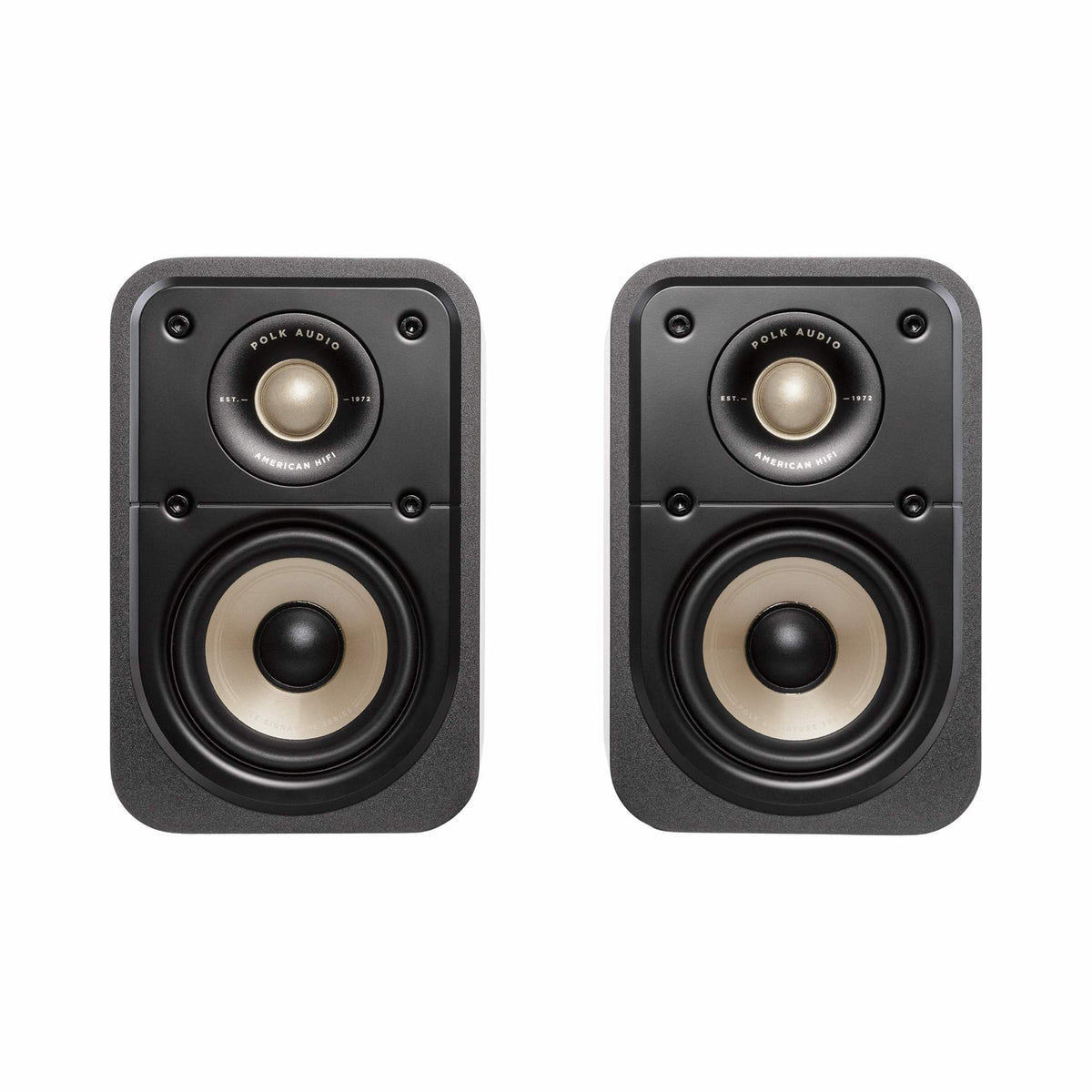 Polk Audio Signature Elite ES10 black bookshelf speakers, front view without grilles