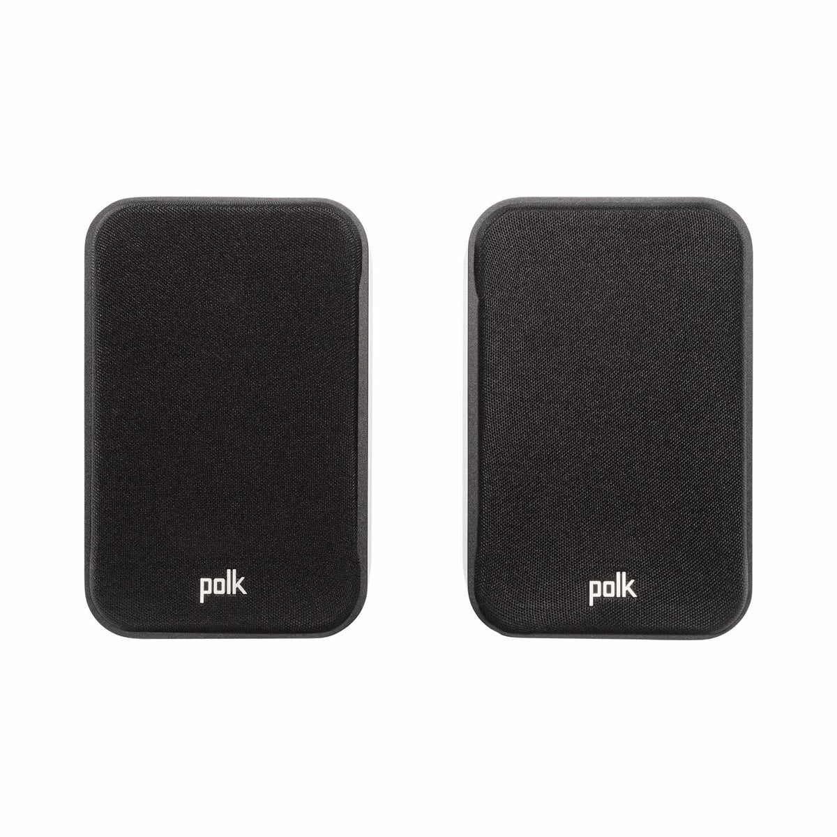 Polk Audio Signature Elite ES10 black bookshelf speakers, front view with grilles