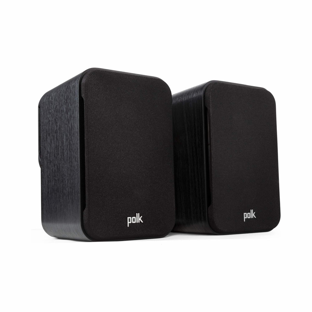 Polk Audio Signature Elite ES10 black bookshelf speakers, angled view with grilles