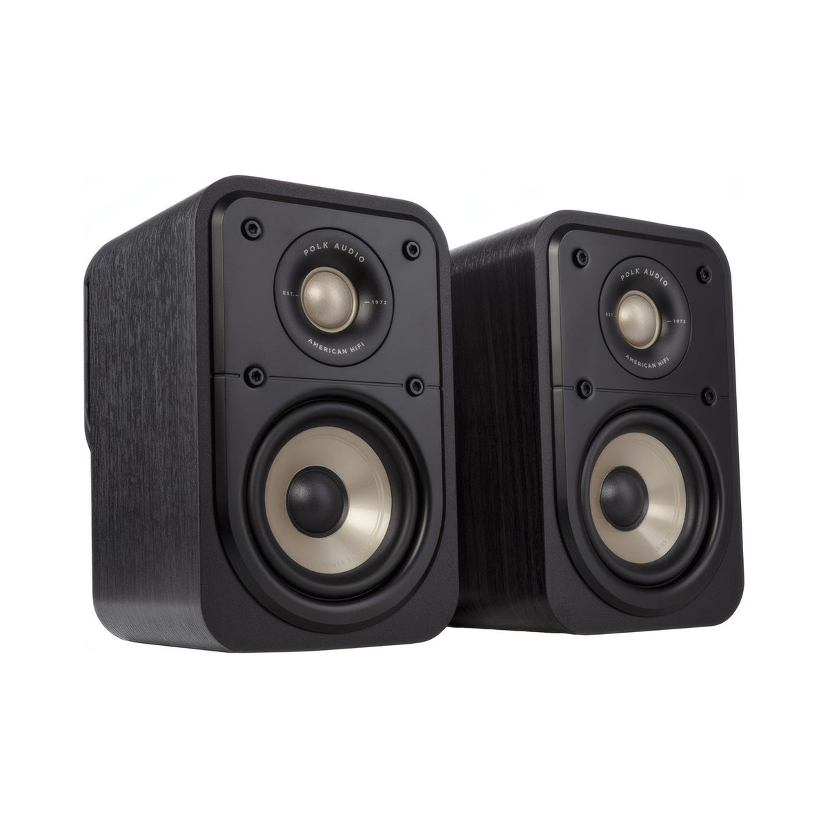 Polk Audio Signature Elite ES10 black bookshelf speakers, angled view without grilles
