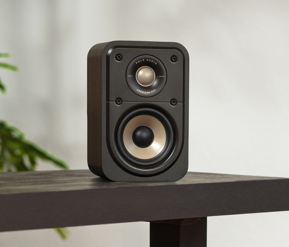 Polk Audio Signature Elite ES10 black bookshelf speakers, in a room from another viewpoint
