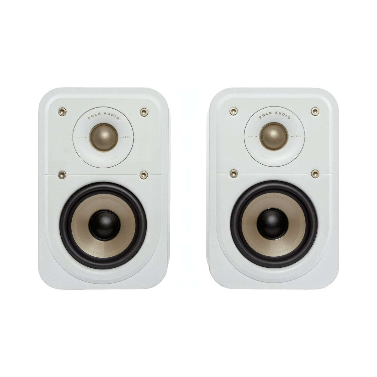 Polk Audio Signature Elite ES10 white bookshelf speakers, front view without grilles