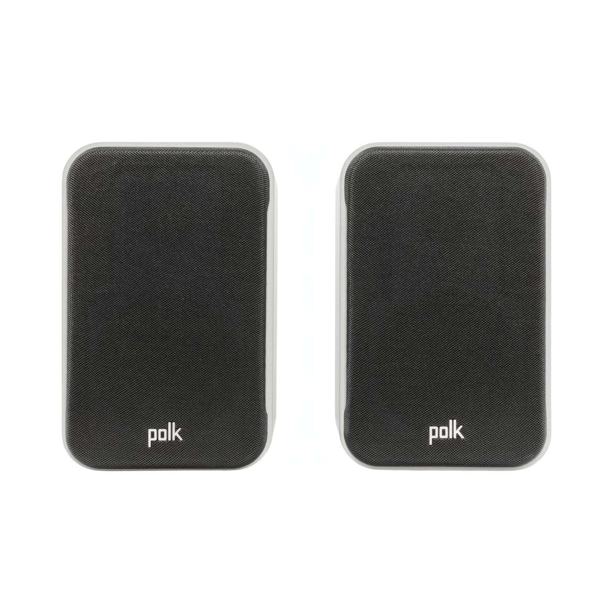 Polk Audio Signature Elite ES10 white bookshelf speakers, front view with grilles