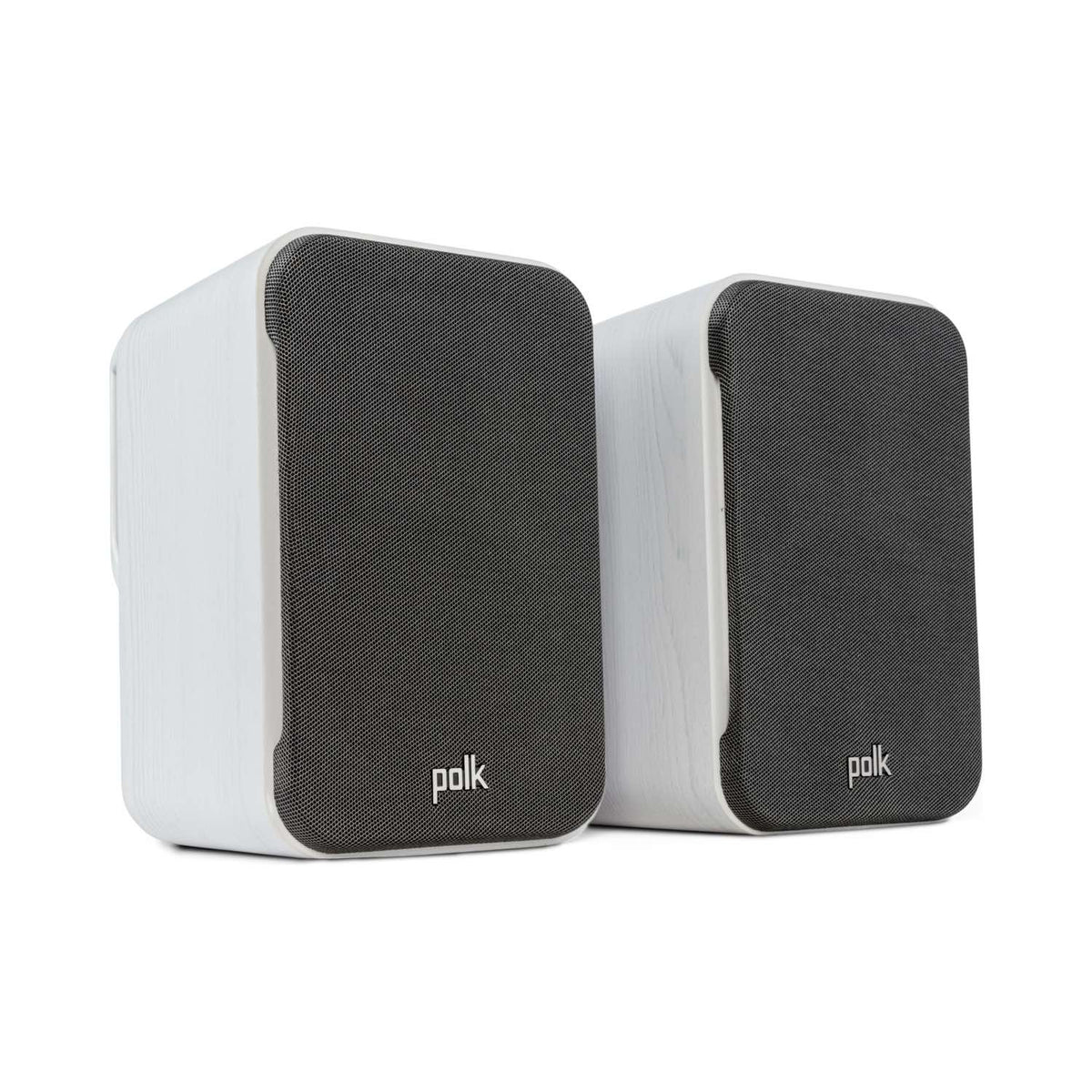Polk Audio Signature Elite ES10 white bookshelf speakers, angled view with grilles