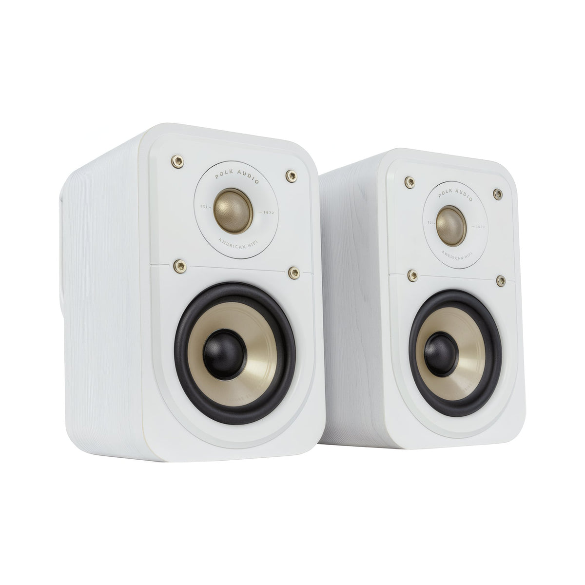 Polk Audio Signature Elite ES10 white bookshelf speakers, angled view without grilles
