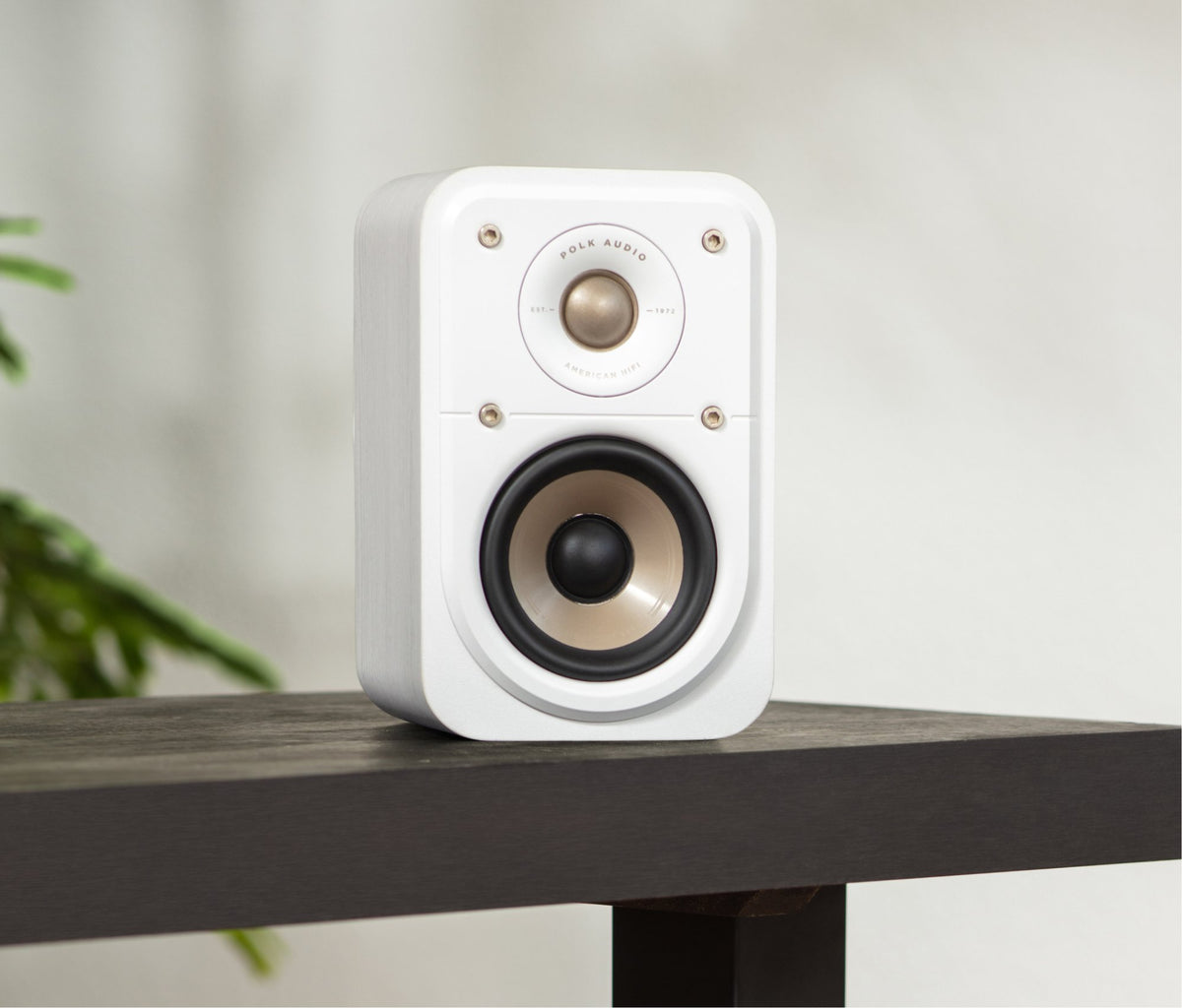 Polk Audio Signature Elite ES10 white bookshelf speakers, in a room from another viewpoint