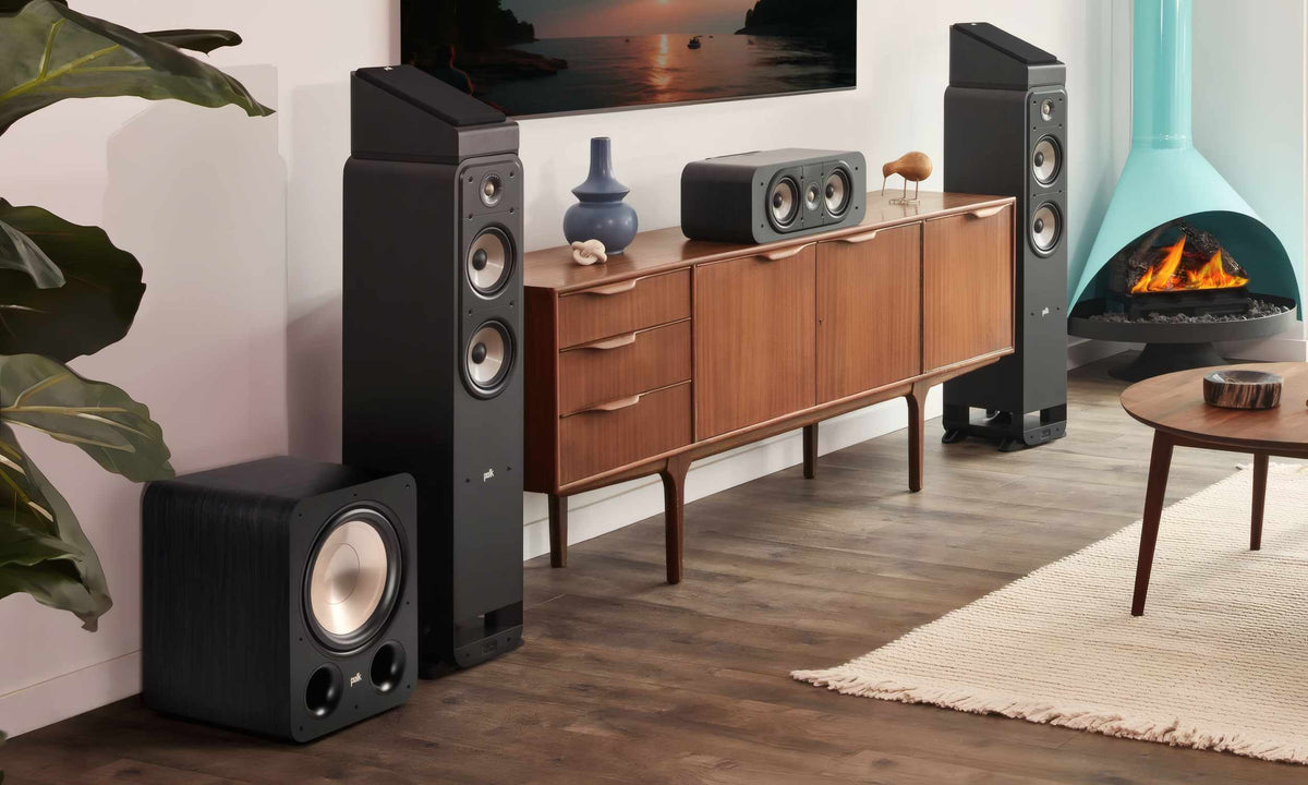 Polk Audio Signature Elite ES10 powered subwoofer, in a home theater system with other speakers