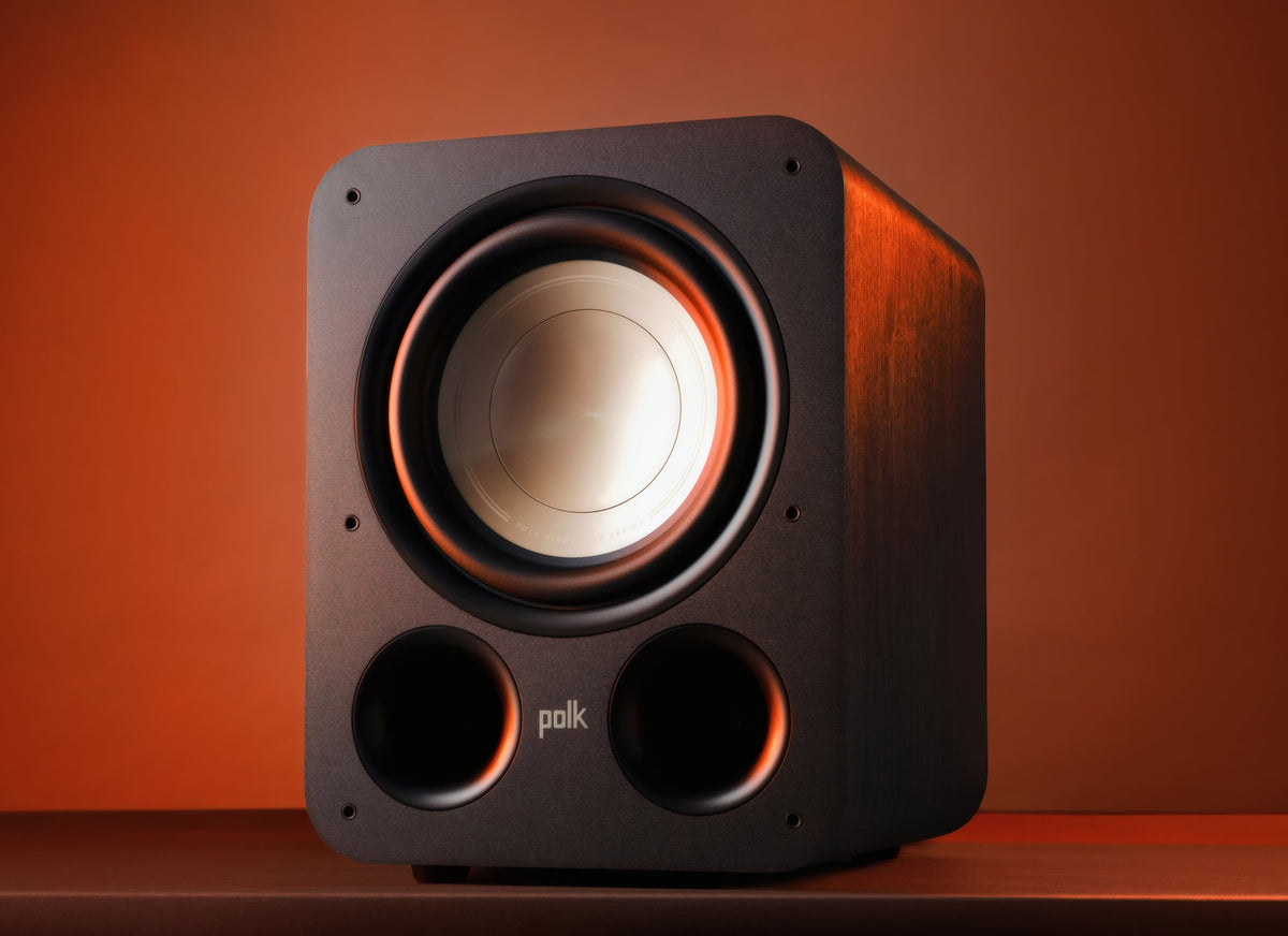 Polk Audio Signature Elite ES10 powered subwoofer, angled view in a lit room