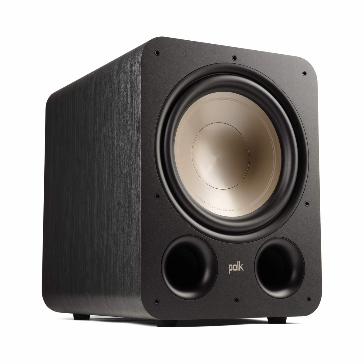 Polk Audio Signature Elite ES12 powered subwoofer, angled view without grille