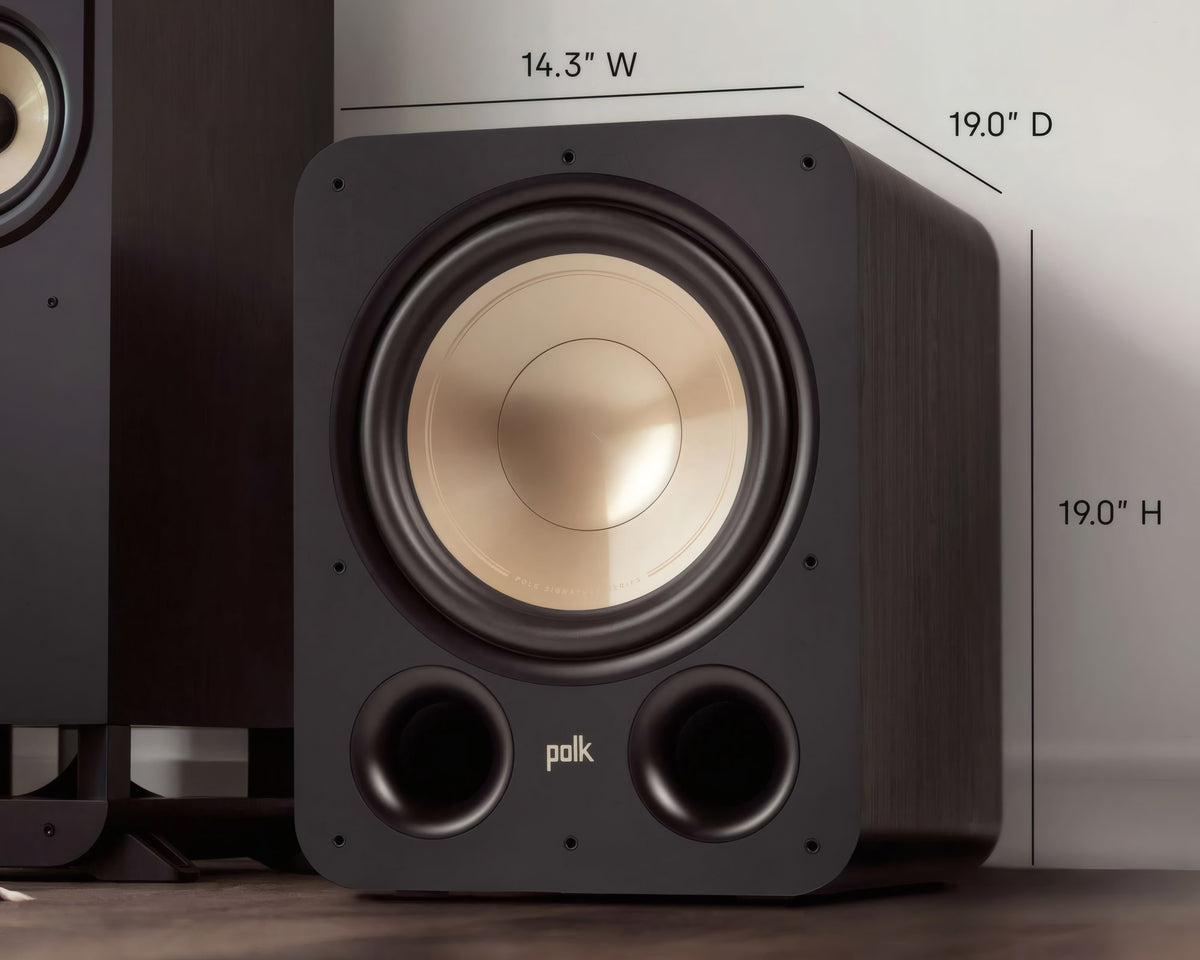 Polk Audio Signature Elite ES12 powered subwoofer, cabinet dimensions illustration