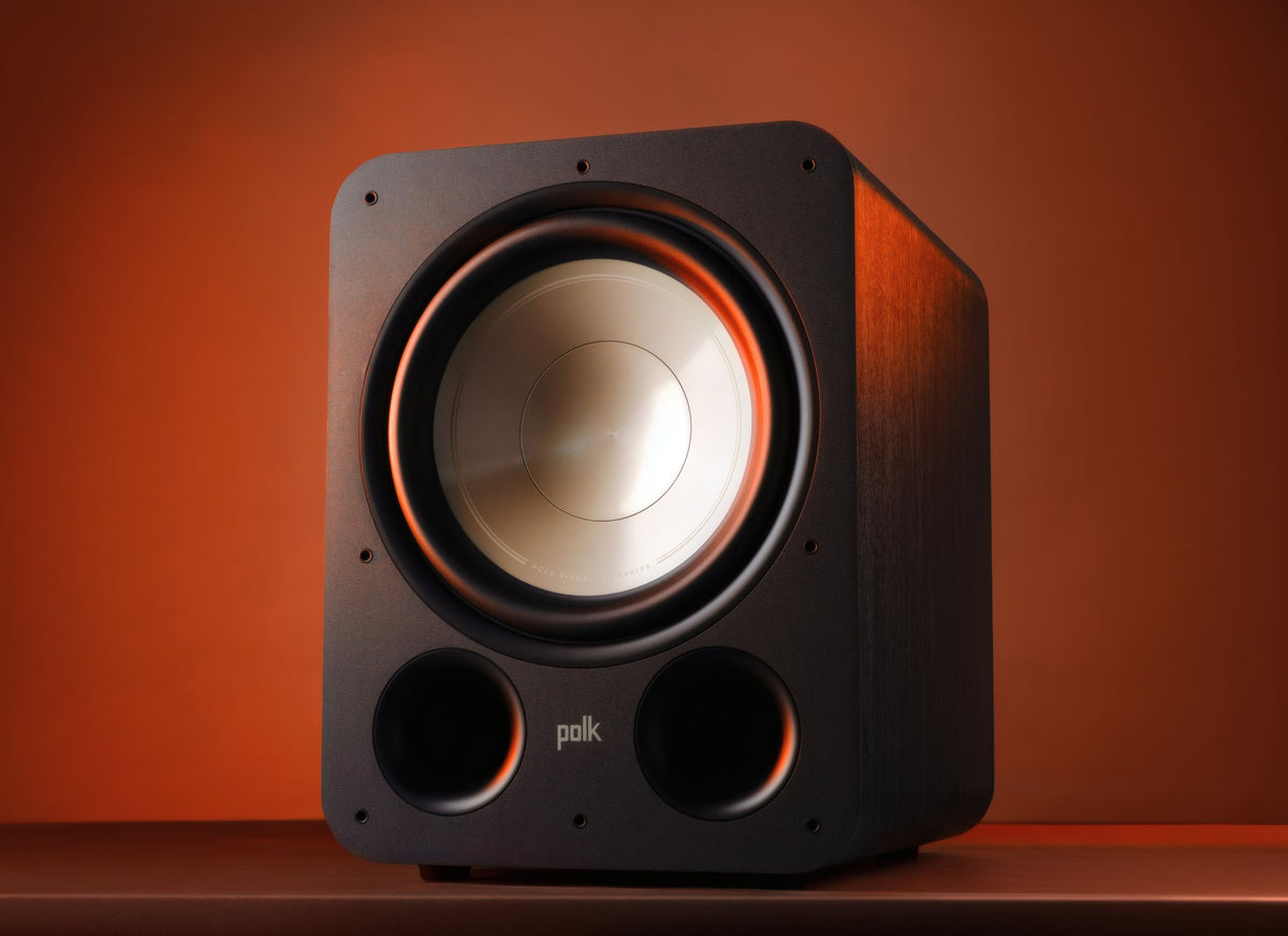 Polk Audio Signature Elite ES12 powered subwoofer, angled view in a lit room