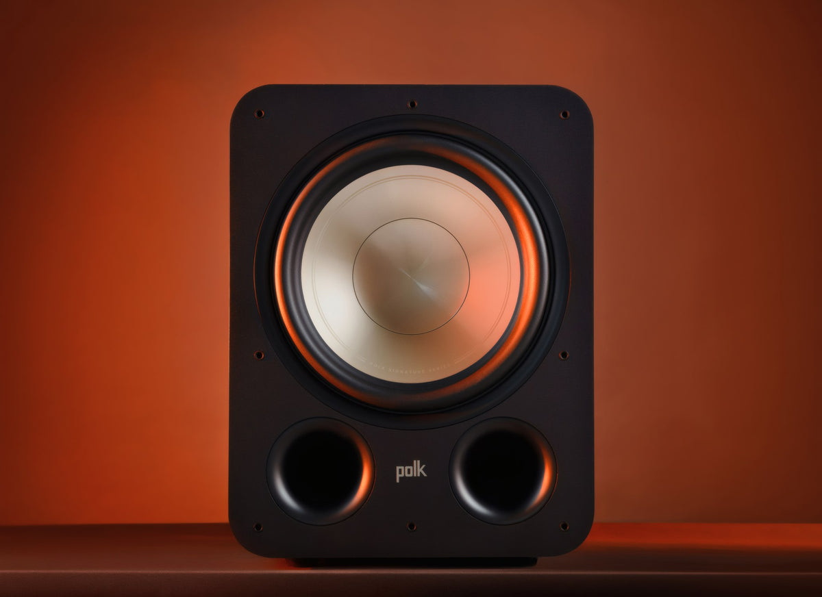 Polk Audio Signature Elite ES12 powered subwoofer, front in a lit room