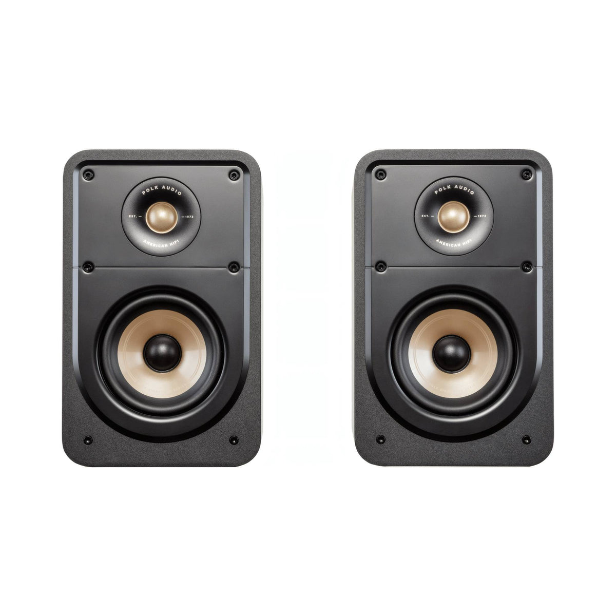 Polk Audio Signature Elite ES15 black bookshelf speakers, front view without grilles
