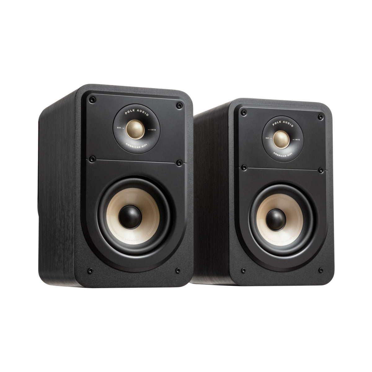 Polk Audio Signature Elite ES15 black bookshelf speakers, angled view without grilles
