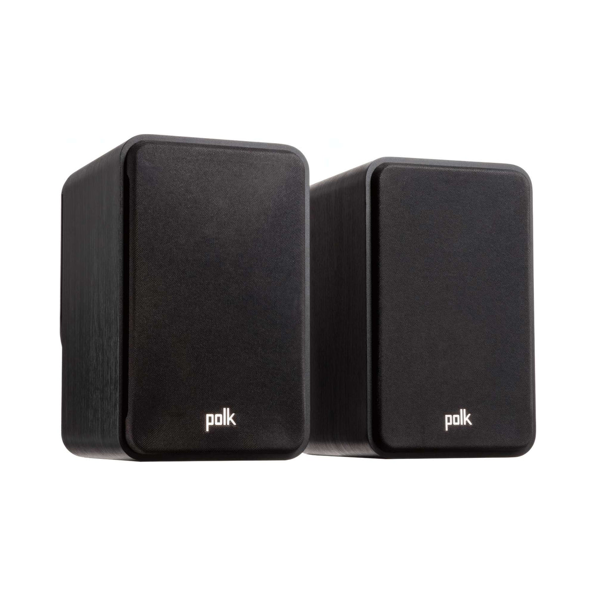 Polk Audio Signature Elite ES15 black bookshelf speakers, angled view with grilles