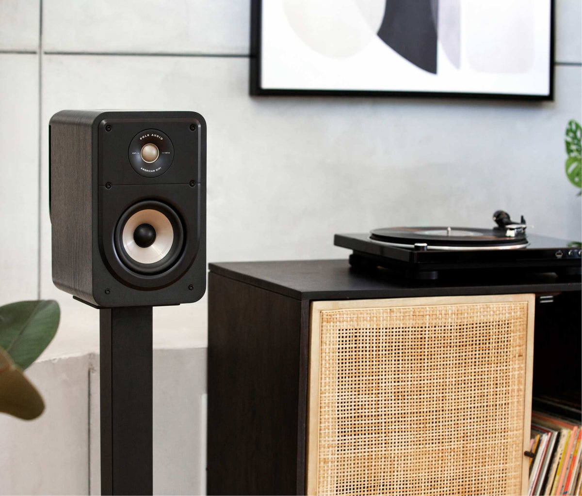 Polk Audio Signature Elite ES15 black bookshelf speakers, in a room