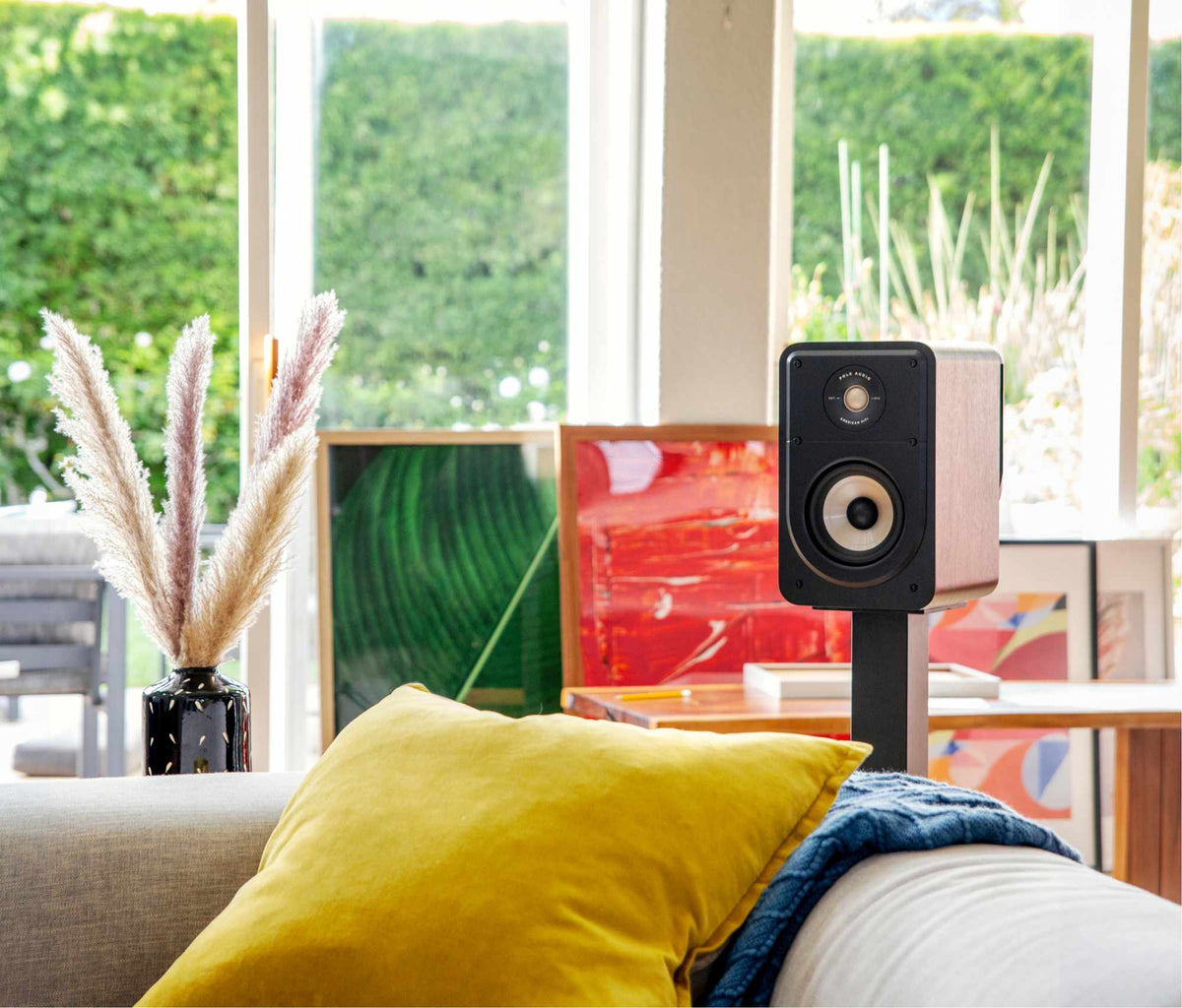 Polk Audio Signature Elite ES15 black bookshelf speakers, in a room from another viewpoint