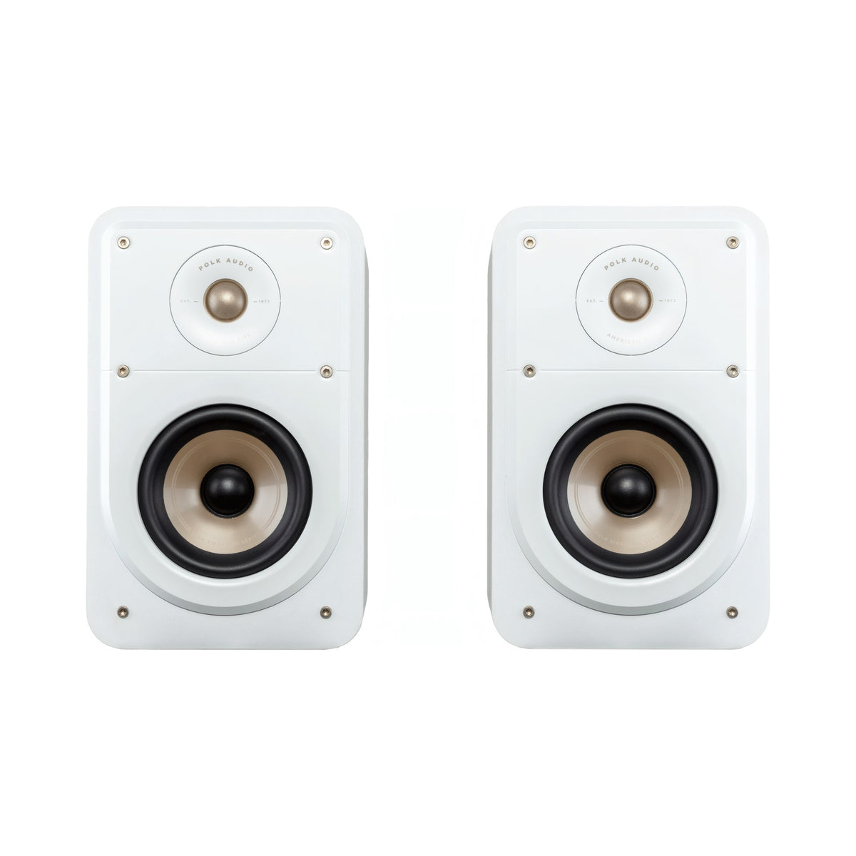 Polk Audio Signature Elite ES15 white bookshelf speakers, front view without grilles