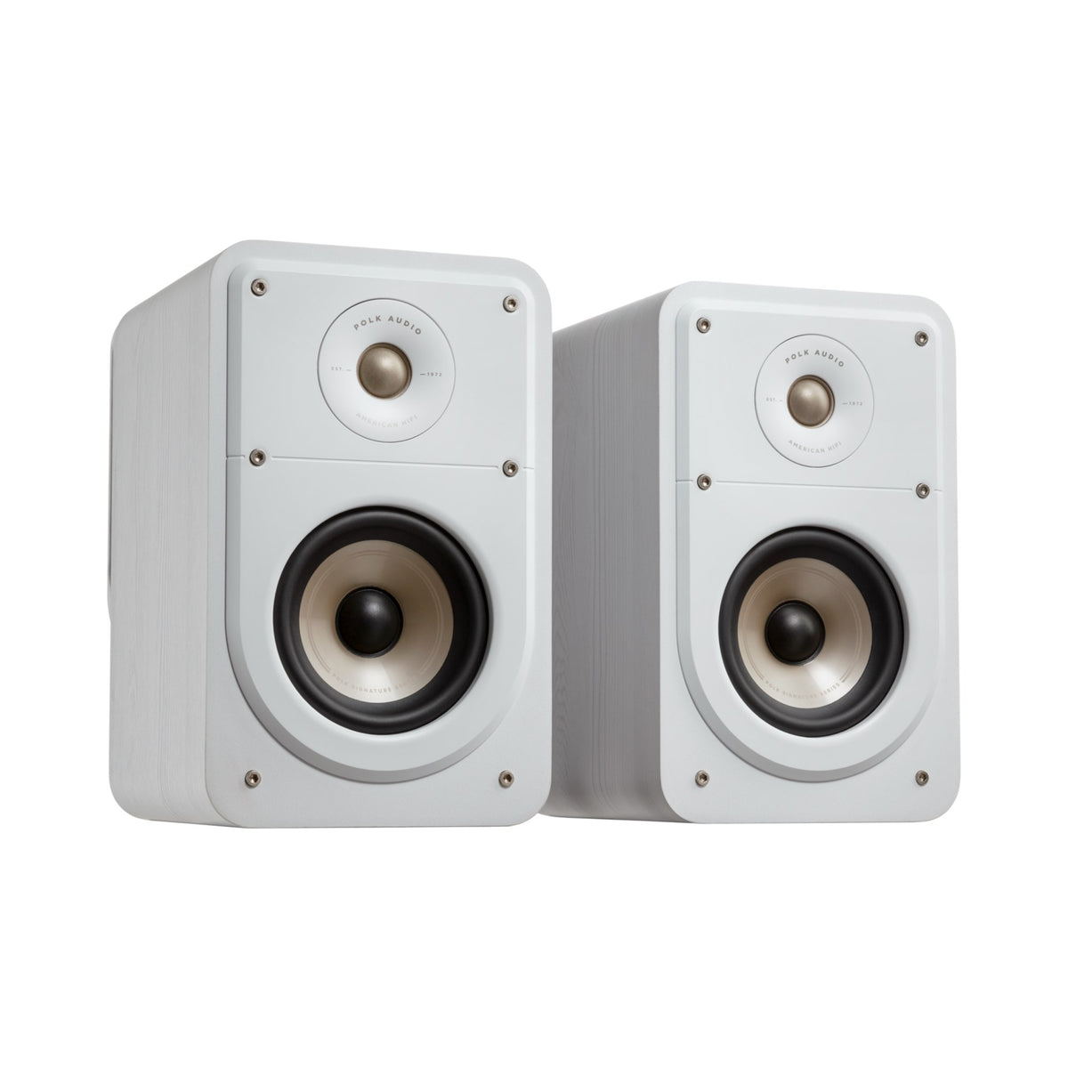 Polk Audio Signature Elite ES15 white bookshelf speakers, angled view without grilles