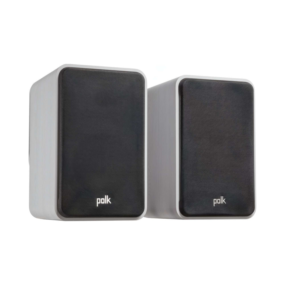 Polk Audio Signature Elite ES15 white bookshelf speakers, angled view with grilles