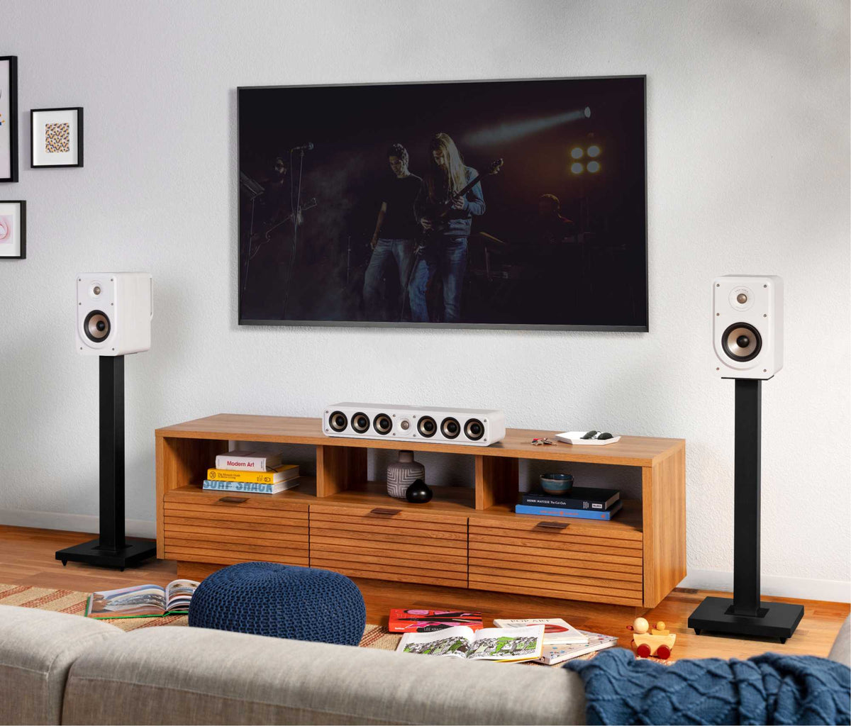 Polk Audio Signature Elite ES15 white bookshelf speakers, in a room from another viewpoint