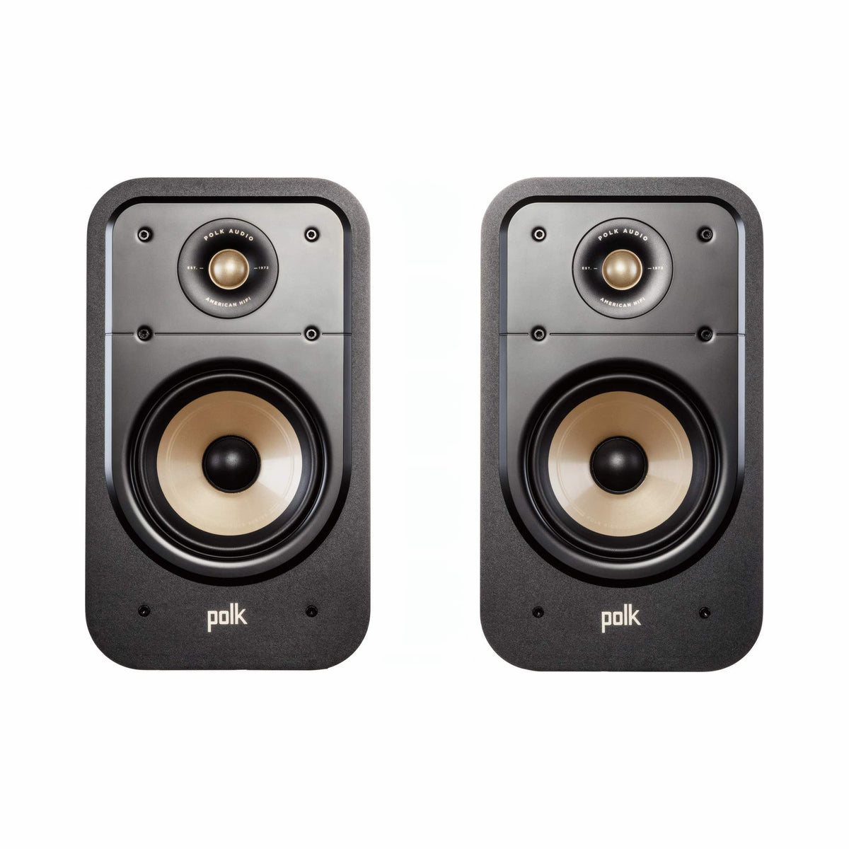 Polk Audio Signature Elite ES20 black bookshelf speakers, front view without grilles