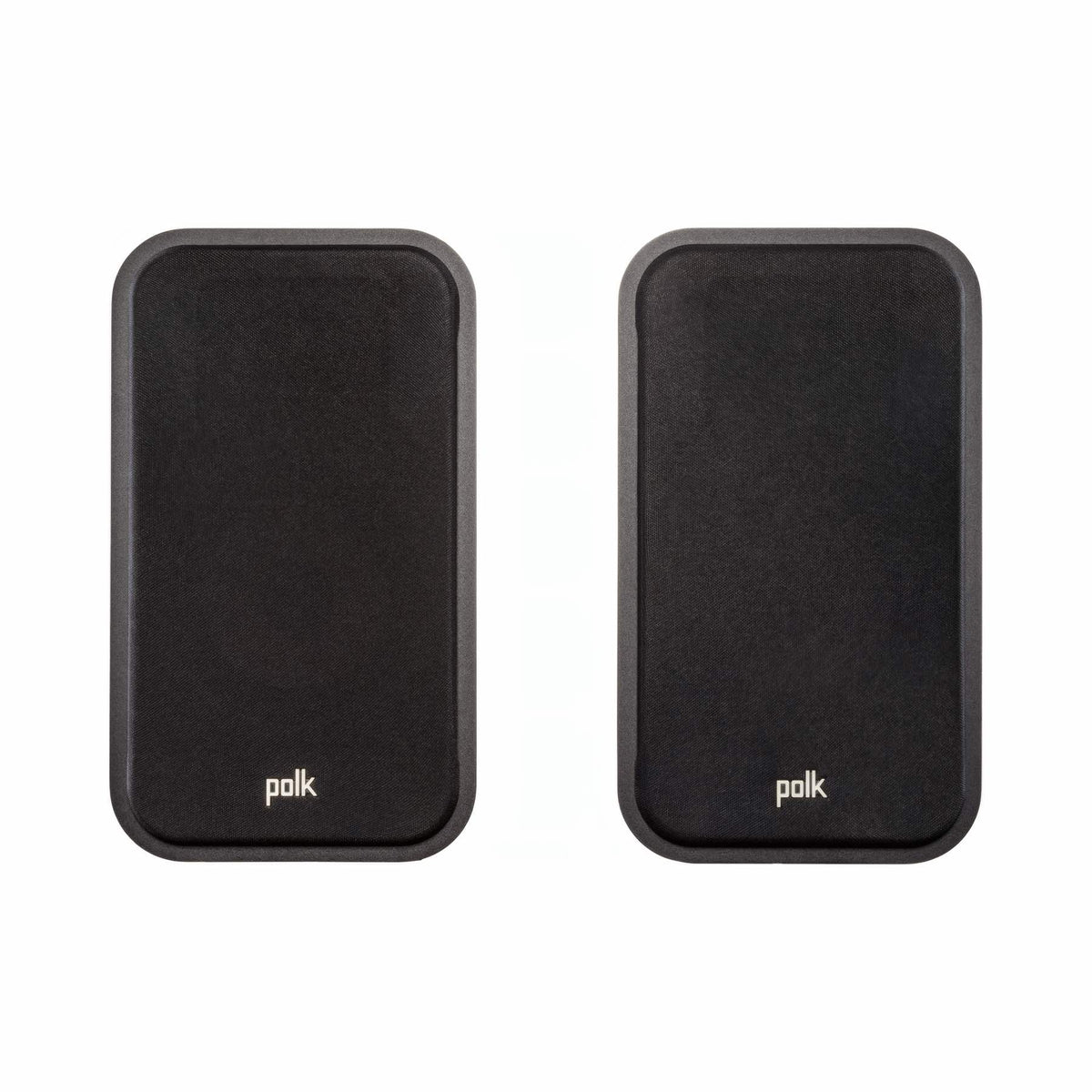Polk Audio Signature Elite ES20 black bookshelf speakers, front view with grilles