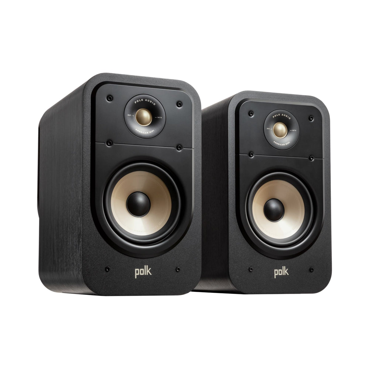 Polk Audio Signature Elite ES20 black bookshelf speakers, angled view without grilles