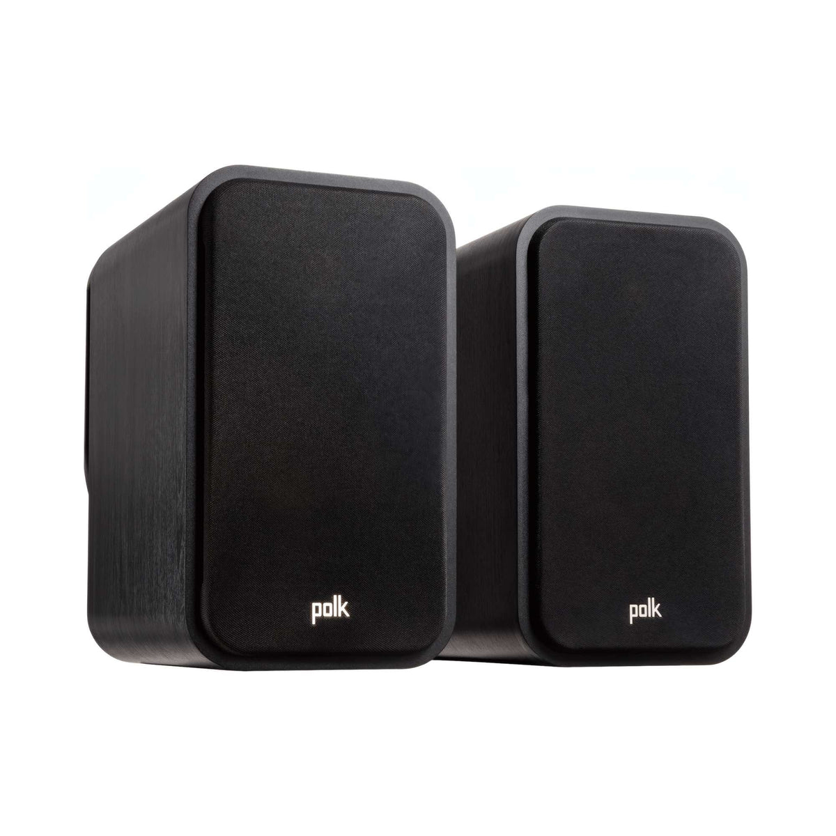 Polk Audio Signature Elite ES20 black bookshelf speakers, angled view with grilles