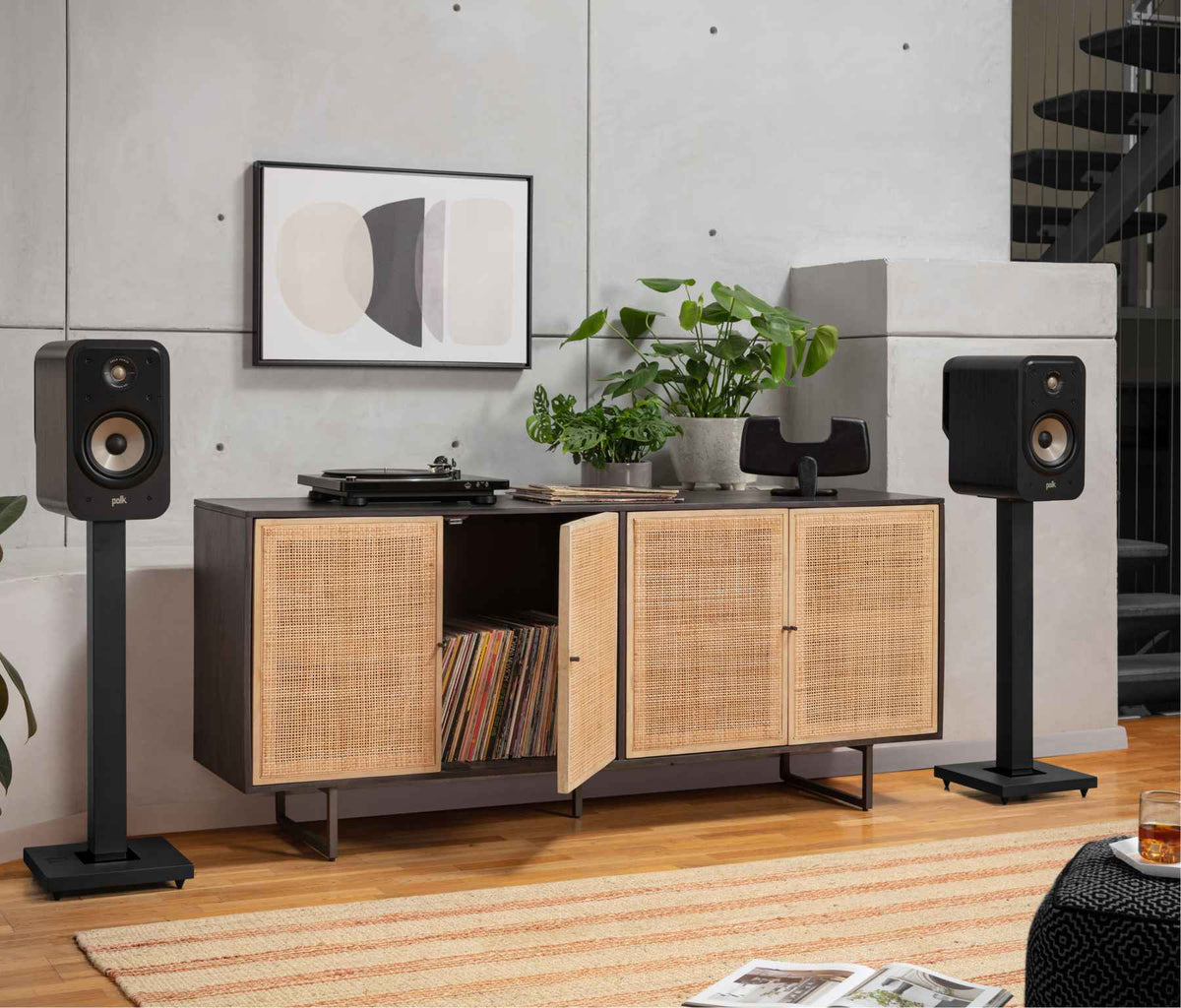 Polk Audio Signature Elite ES20 black bookshelf speakers, in a room