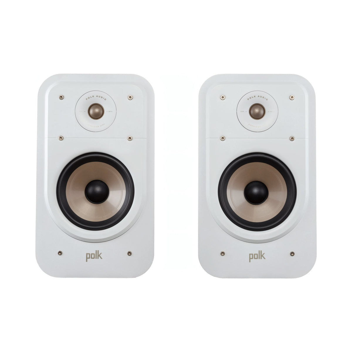 Polk Audio Signature Elite ES20 white bookshelf speakers, front view without grilles