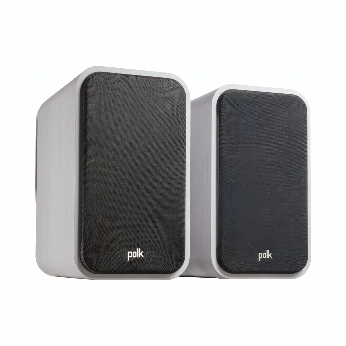 Polk Audio Signature Elite ES20 white bookshelf speakers, angled view with grilles