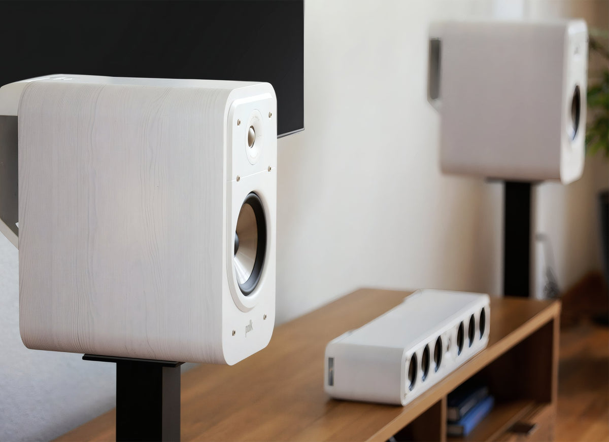 Polk Audio Signature Elite ES20 white bookshelf speakers, in a room