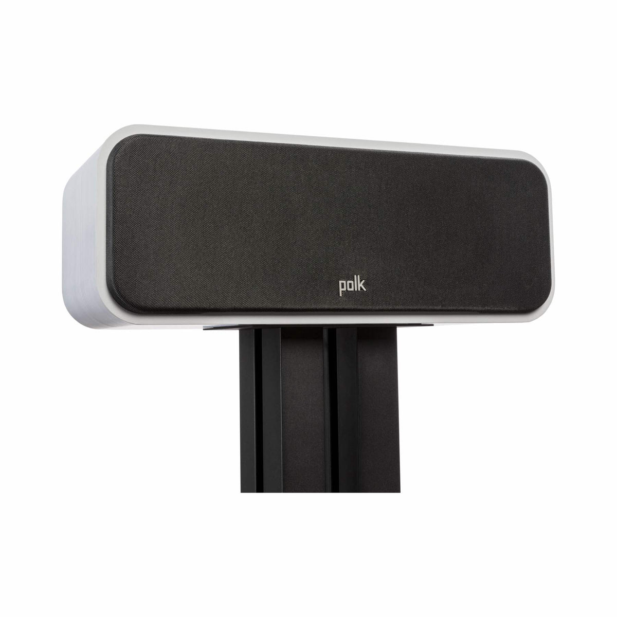 Polk Audio Signature Elite ES30 baltos centrinės kolonėlės, su grotelėmis ant stovo, stovas neįtrauktas
