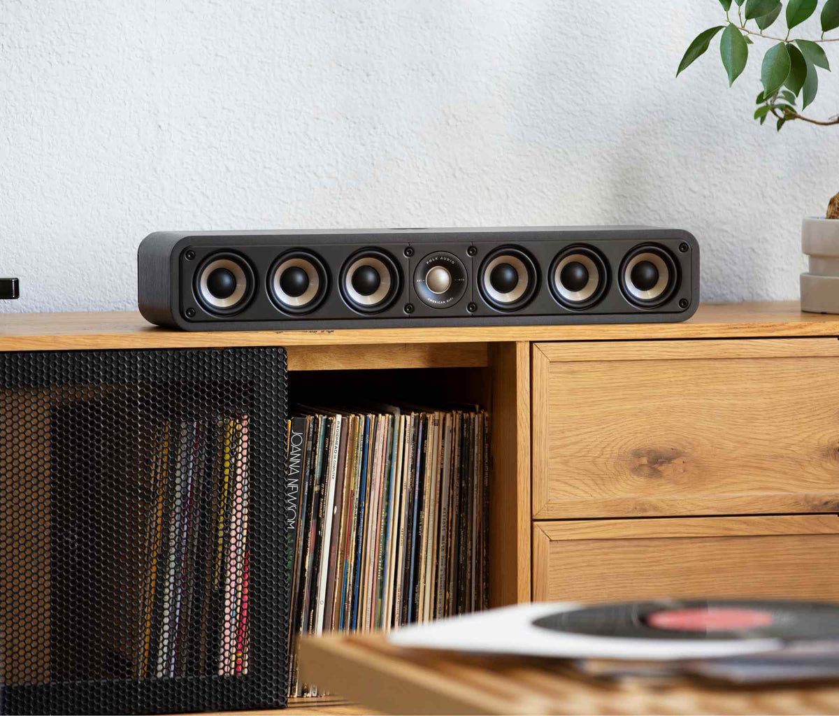 Polk Audio Signature Elite ES35 black center speaker, in a room from another viewpoint